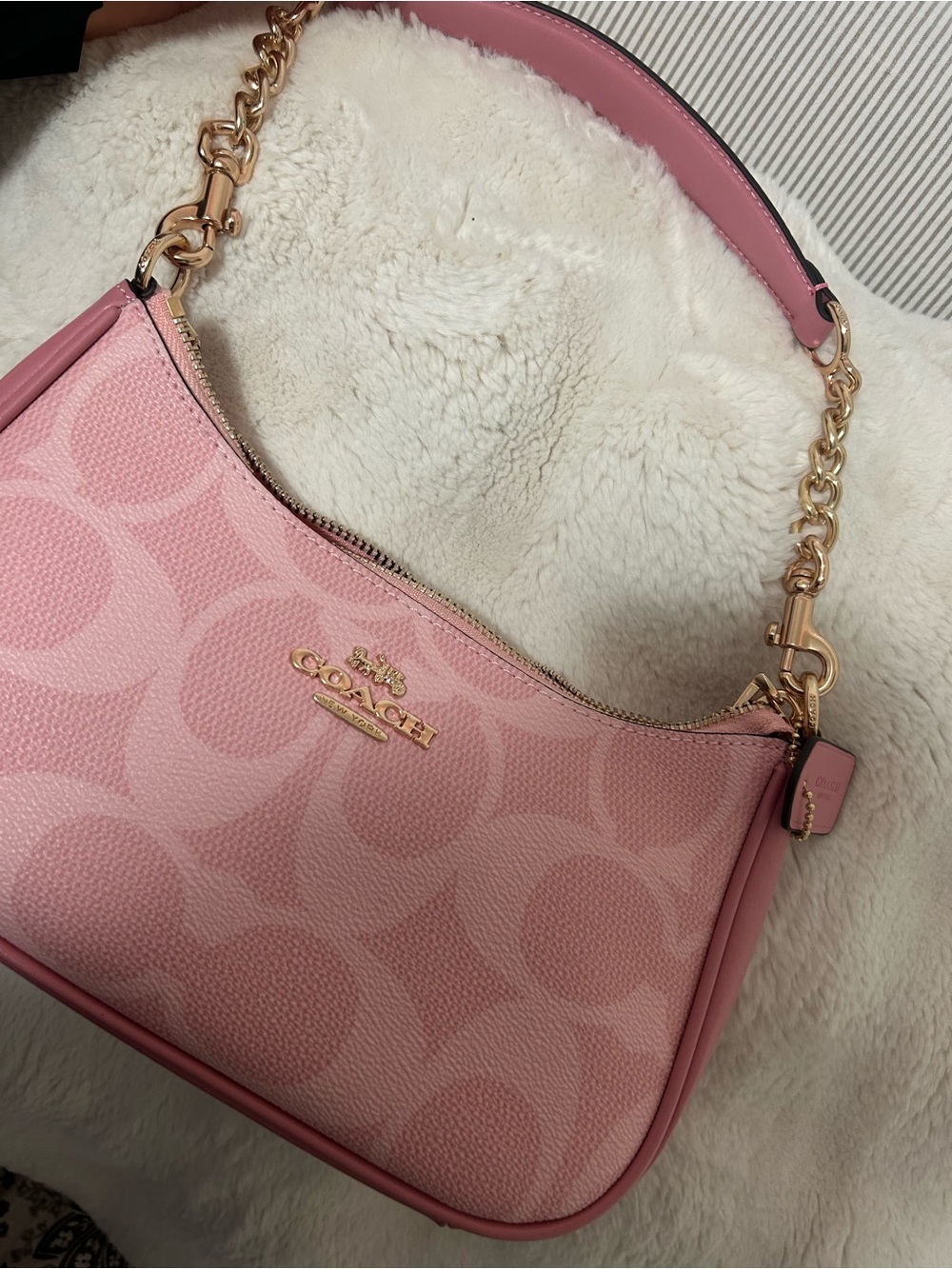 Coach Pink Signature Canvas Shoulder Bag with Gold Hardware